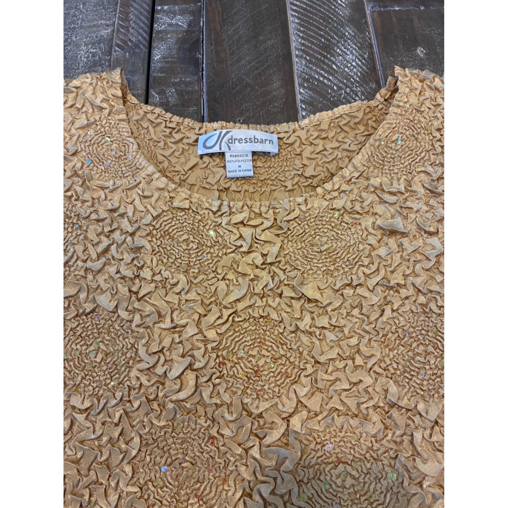 Dressbarn Gold Popcorn Top Womens Medium Sequin Sleeveless Crinkle Tank Stretch